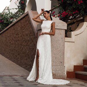 Beach wedding dress with open back and high slit, Stretch wedding gown
